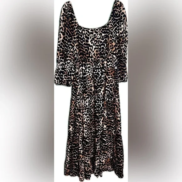 Small The Drop Keyla Puff-Sleeve Square-Neck Tiered Midi Dress in Leopard Print - Picture 7 of 9